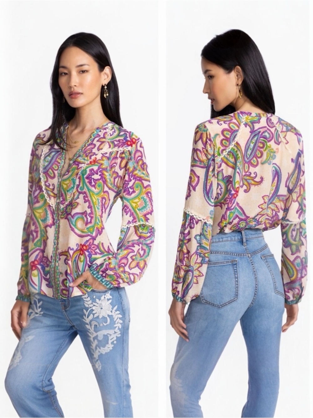 Johnny Was Women’s Noellie Silk Paisley Print Button Down Long Sleeve Blouse Top